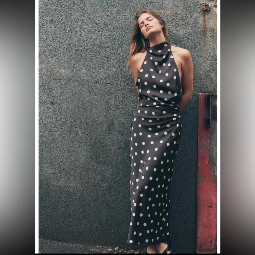 ZARA POLKA DOT SATIN MIDI DRESS - Picture 11 of 15